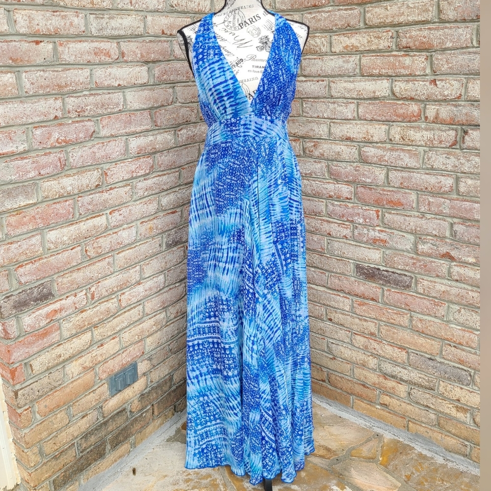 SPY Blue Patterned Maxi Dress with Side Slit Medium NEW